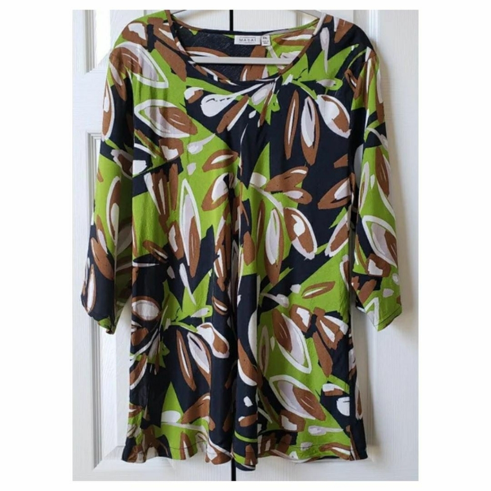 Masai “Kia” Abstract Floral Top XXL | Green Brown Black | EUC